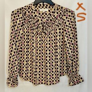 LOFT Women's Blouse with Black and Pink Geometric Pattern